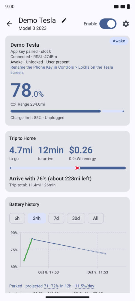 Car detail screen while the car navigates: the trip card with a progress bar and an arrow, the distance and time left and the predicted arrival level.